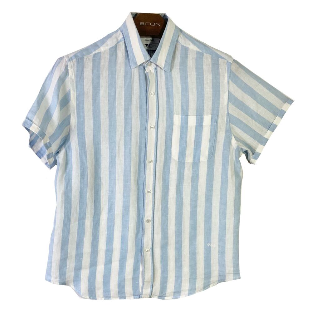 NWOT PORTER & ASH Shirt L Linen 100% Striped Blue-White Short-Sleeve Button-Up